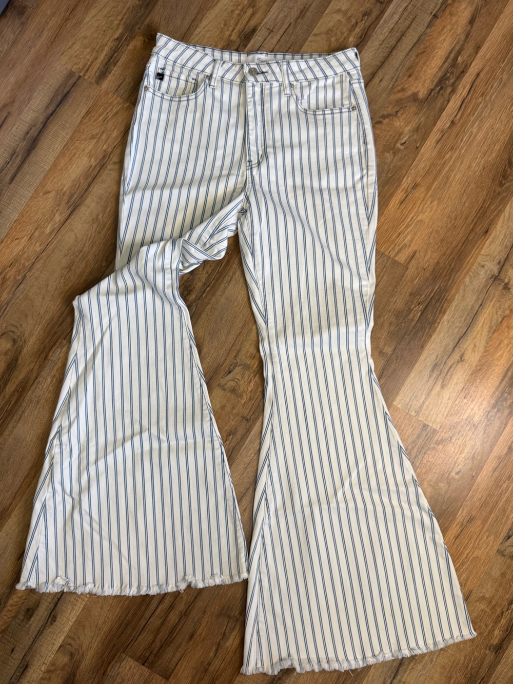 KANCAN High Rise Pinstripe Super Flare Jeans White Navy Raw Hem KC5243M